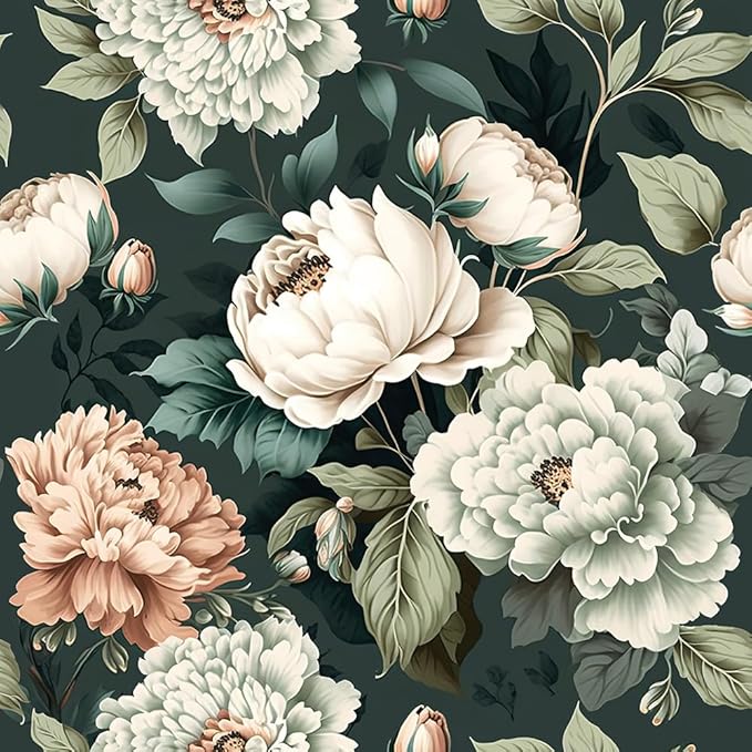 Dark Green White Peonies Vintage Floral Peel and Stick Wallpaper Wall Decor by VistaPalette