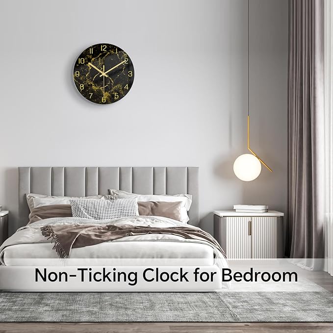 VIKMARI Black Modern Marble Texture Clock Gold Hands Rustic Kitchen Decor 12 - Image 6