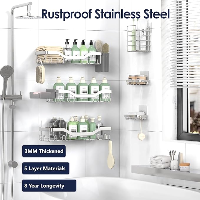 NESOMI Shower Caddy Adhesive Shower Organizer 8-Pack, Rustproof Stainless Steel - Image 5