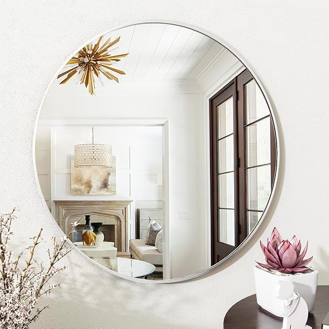 VooBang Silver Round Bathroom Mirror, 24 inch Circle Wall Mounted Hanging Mirror - Image 6