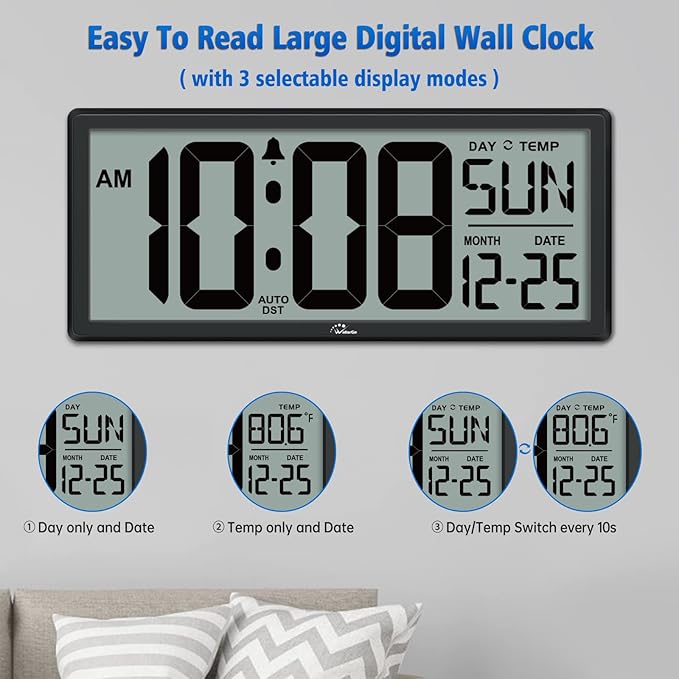 WallarGe 14.5'' Large Digital Wall Clock Battery Operated - Image 3