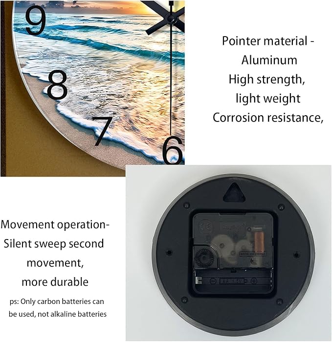 Blue Coastal Wall Clocks Battery Operated 16 Inch Glass Wall Clock Silent Beach - Image 7