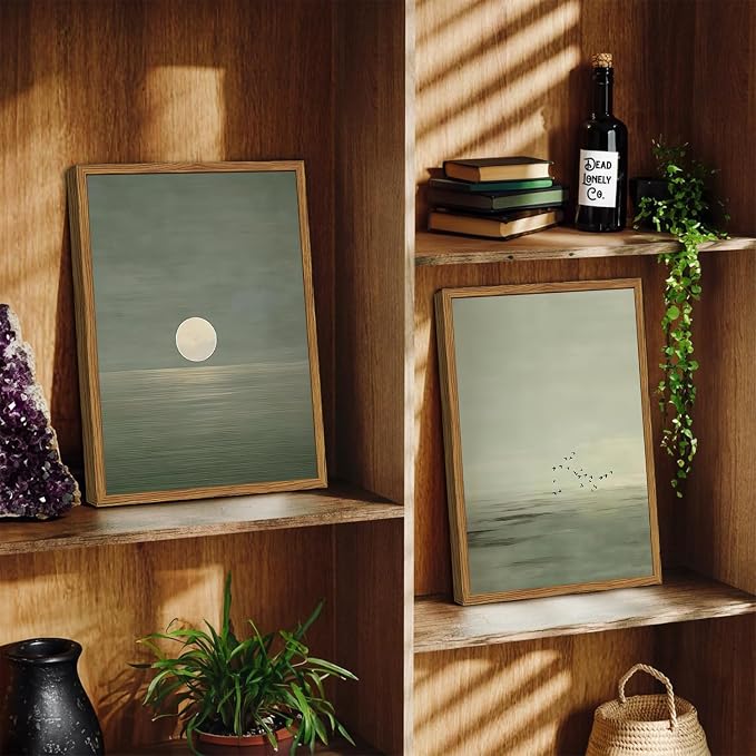 Framed Sage Green Japanese Canvas Wall Art Set of 2, Minimalist Moon and Birds - Image 7