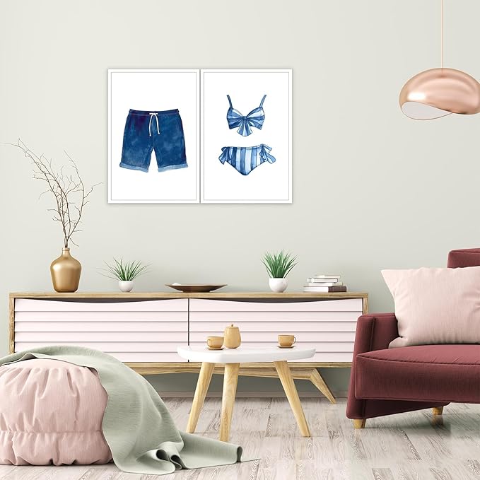 Liyark Set of 2 Retro Navy Blue And White Swimsuit Art Posters Beach Bathing - Image 3