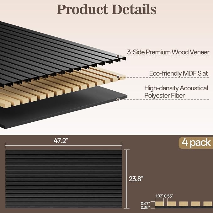 4 Pack Wood Panels for Wall, 47.24" x 23.81" Acoustic Wood Slat Wall Panel for - Image 2
