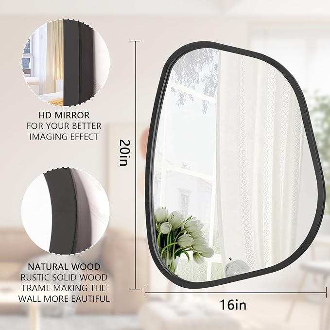 Black Asymmetrical Wall Mirror Large 20"x16" Irregular Oval Mirror Modern Wood - Image 7