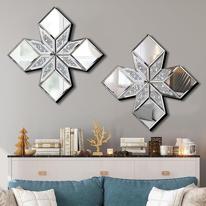 Crushed Diamond Decorative Mirror 2 Pack 16.75x16.75” Diamond Shape Glass Decor - Image 2