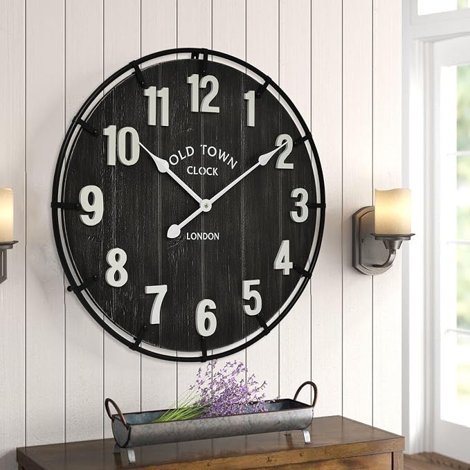 EMAX HOME Large Old Town Farmhouse Black Wall Clock 24 Inch Rustic Antique Wood - Image 7