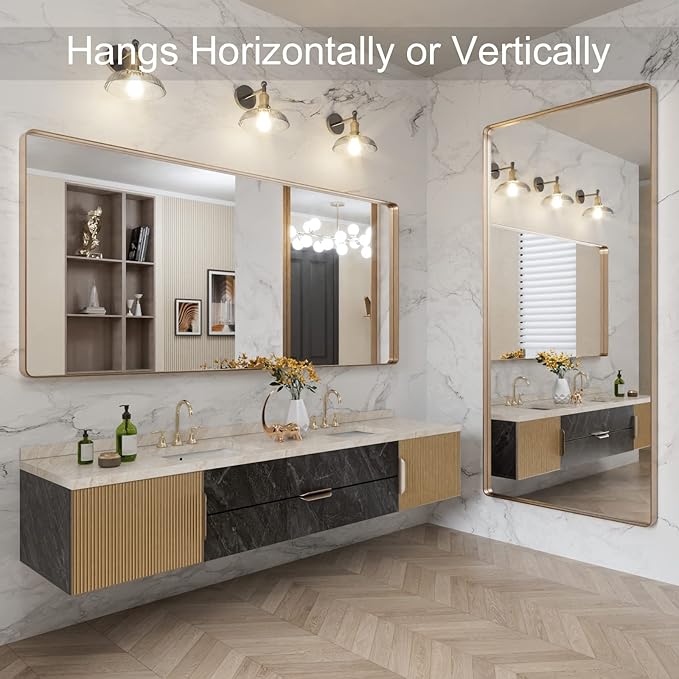 LOAAO 72”X32” Gold Bathroom Mirror, Rounded Rectangle Gold Frame Mirror - Image 4