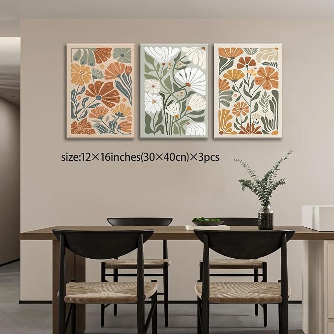 KISSFOX 3 Piece Framed Wall Art Floral Wall Decor Flower Canvas Art Green Beige - Image 2