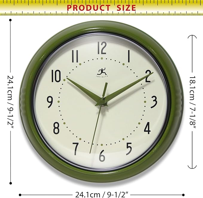 Infinity Instruments Retro Round Metal Wall Clock, Olive Green 9.5" - Image 7