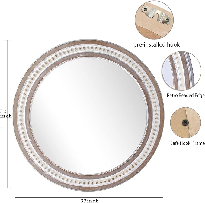 30 Inches Farmhouse Large Round Wall Mirrors Wooden, Rustic Decorative Circle - Image 7
