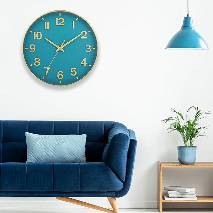 HZDHCLH Teal and Gold Wall Clocks Battery Operated 12 inch Silent Non Ticking - Image 2