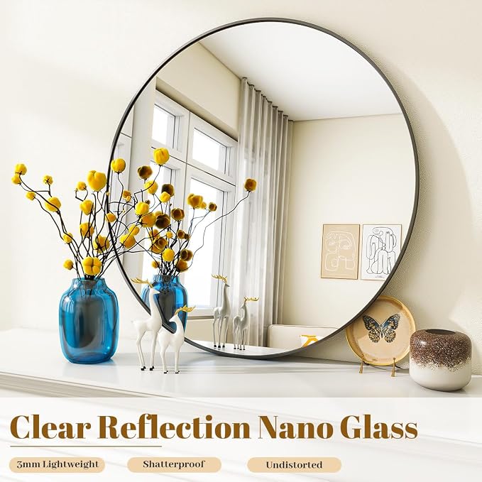 VooBang Black Round Mirror, Small 16" Circle Mirror, Round Wall Mirror - Image 3
