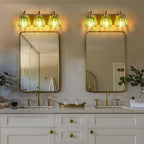 3-Light Vanity Lights with Green Tulip Glass Shade, Vintage Vanity Wall Sconce - Image 2
