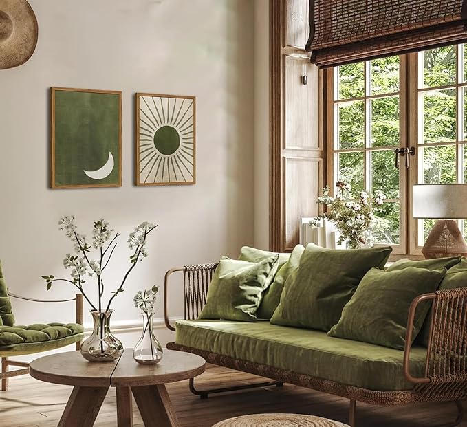 Framed Boho Sun and Moon Canvas Wall Art Set of 2, Vintage Sage Green Bohemian - Image 2