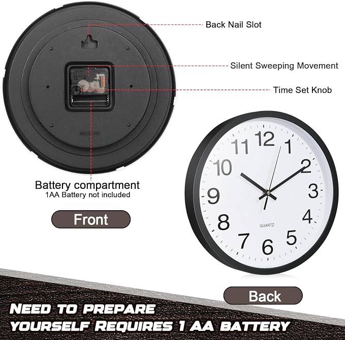 Inbagi 12 Pieces Silent Wall Clock Large 12 Inches Quartz Analog Clock Non - Image 4