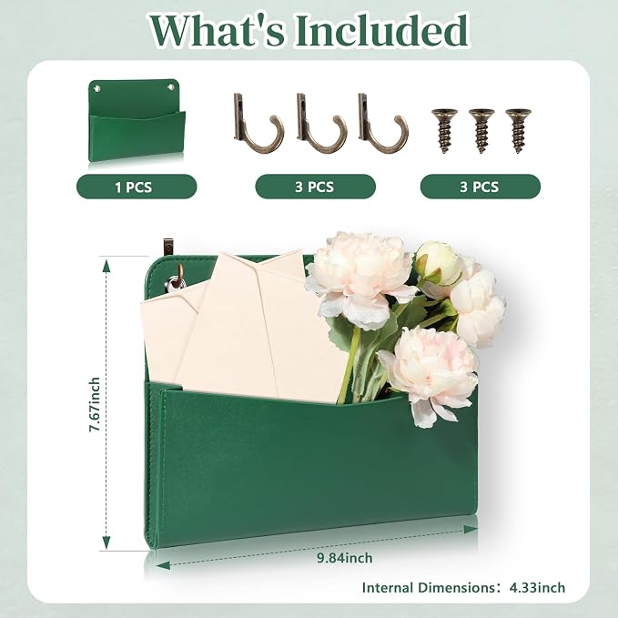 Wall Mount Green Faux Leather PU Leather Mail Holder Letter Holder Stylish Wall - Image 2