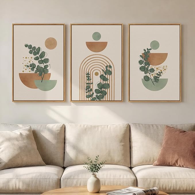 Framed Abstract Boho Wall Art for Living Room, Large Botanical Sage Green Plant by MXART