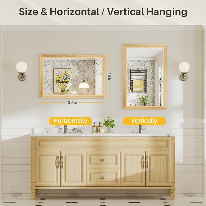 24x36 Inch Bathroom Mirror for Wall, Anti-Rust Oak Wood Grain Metal Framed - Image 3