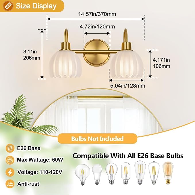 2-Light Bathroom Vanity Light, Brushed Gold Bathroom Light Fixtures - Image 8