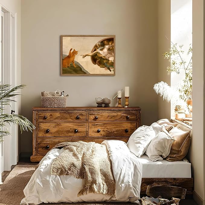 Funny Orange Cat Wall Art Creation of Adam and Cat Wall Decor Painting - Image 7
