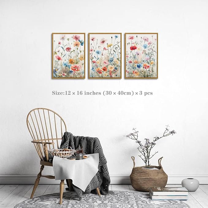 KISSFOX Colorful Wildflower Canvas Wall Art Set Of 3 Flowers Pictures Prints - Image 2