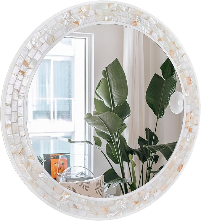 Mosaic Mirrors for Wall 30 Inch, Natural Mother of Pearl Inlay White Framed by DUQIMOWALLMIRRORS