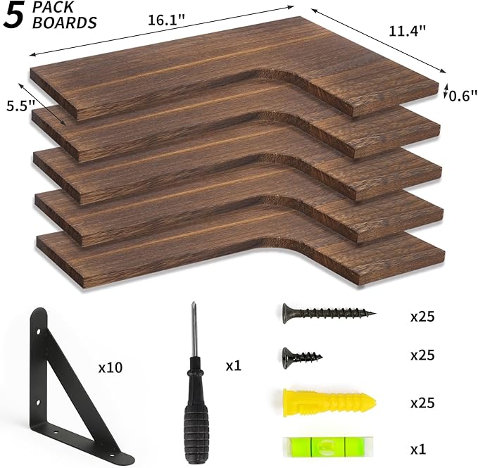 Fixwal Corner Floating Shelves for Wall Set of 5, Rustic Wood Wall Mounted - Image 4