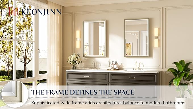 Keonjinn Brushed Nickel Bathroom Mirror 24" x 36", Sculpted Wide Frame - Image 7