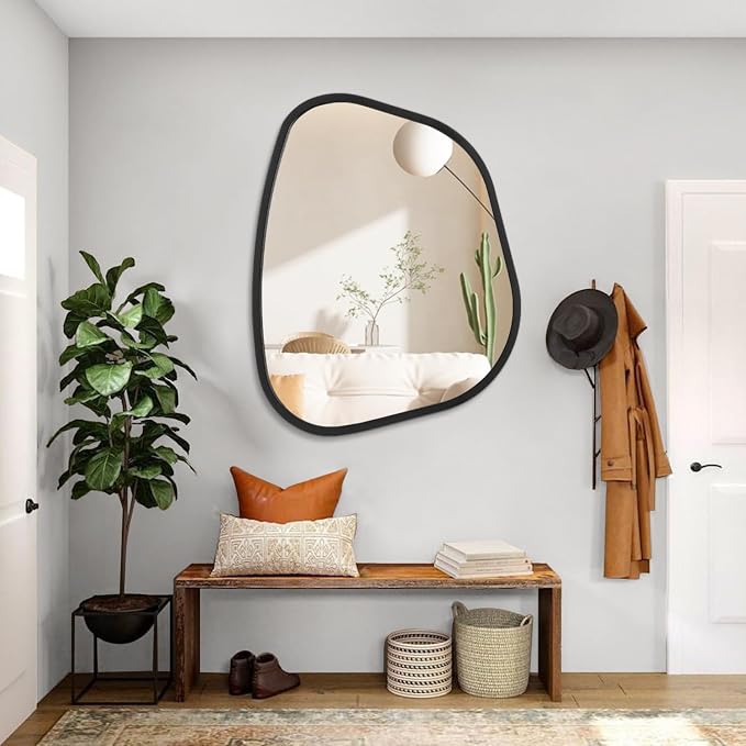 Black Asymmetrical Mirror Large 26"x18" Irregular Oval Wall Mirror Modern Wood - Image 5