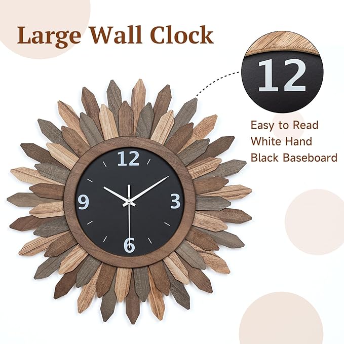 Honiway Large Wall Clock Battery Operated 21 in Rustic Wood Boho Sunburst - Image 3