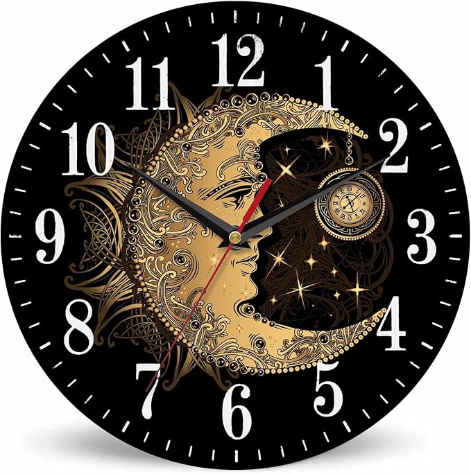 Mxocom Crescent Moon Wall Clock Boho Chic Golden Sun Ethnic Retro Night Black by Mxocom