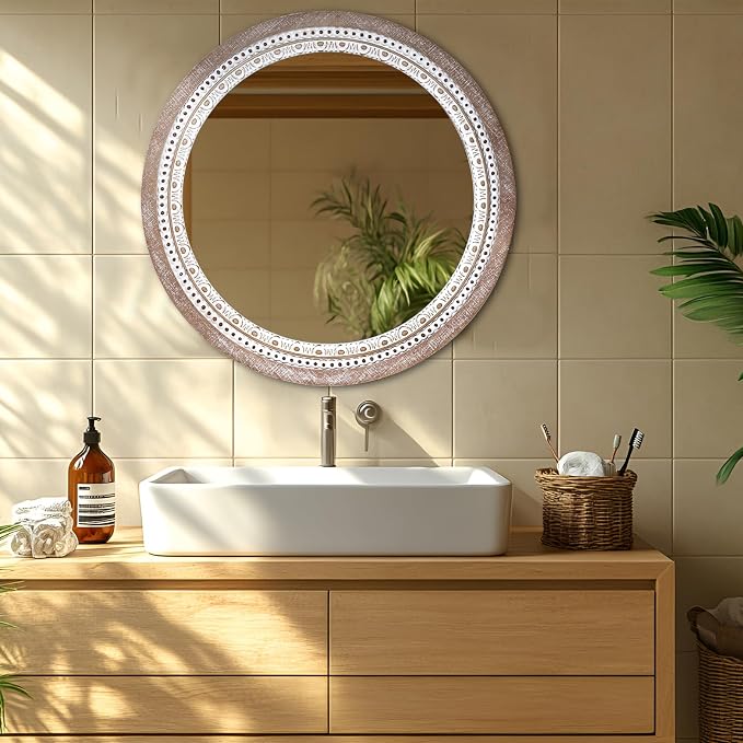 Reflinto 30 Inch Rustic Farmhouse Round Wood Mirror Wall Decor, Boho Circle - Image 3