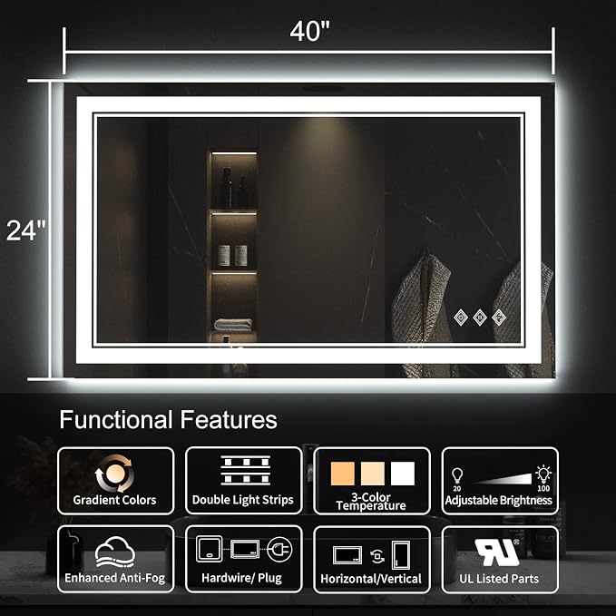 Lighted Vanity Mirror, 40x24 Inch Gradient Front and Backlight LED Vanity Mirror - Image 2