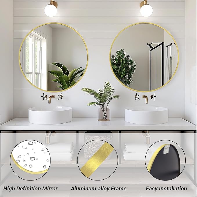 Sunniry Gold Round Mirror 24 inch, 2 Pack Gold Circle Mirror, Round Bathroom - Image 2