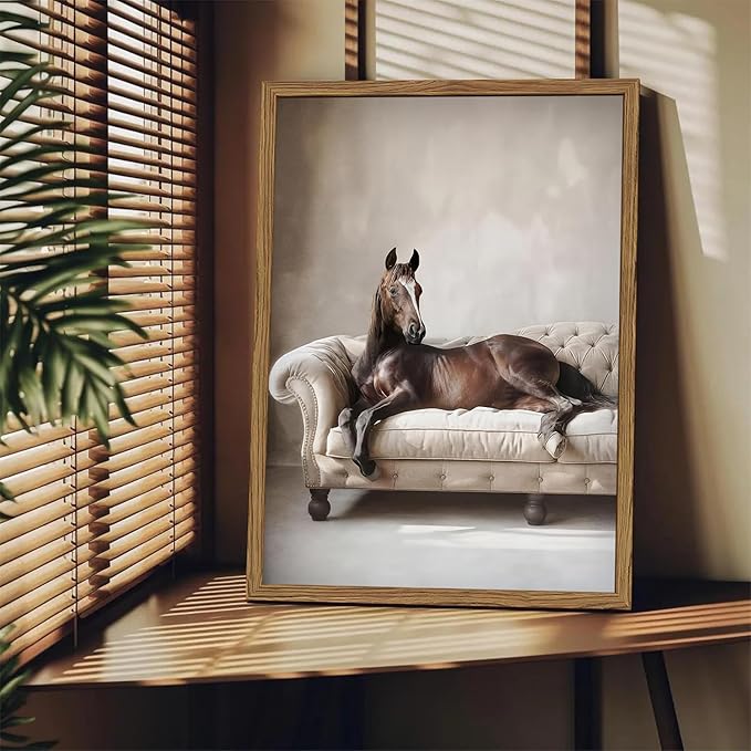 Framed Funny Horse Canvas Wall Art, Vintage Western Brown Horse On Sofa - Image 2