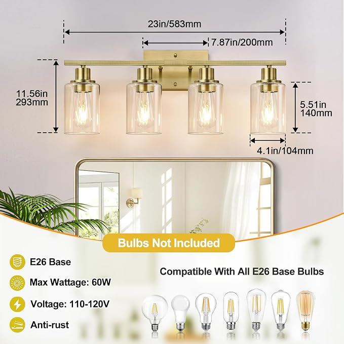 Indoi 4 Light Bathroom Light Fixtures, Brass Vanity Lights - Image 8