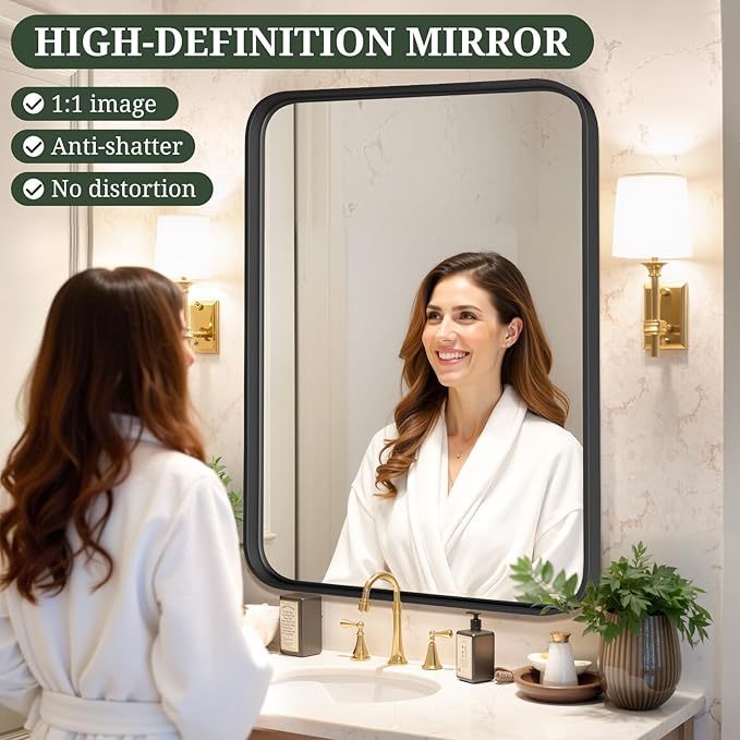 Bathroom Mirror 40x30 Inch Black Metal Frame Rectangle Vanity Mirror - Image 4