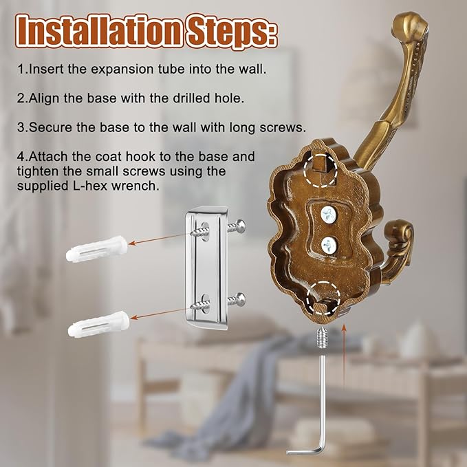 Draupnir 3PCS Coat Hooks Wall Mount, Vintage Decorative Wall Hooks Antique Brass - Image 3