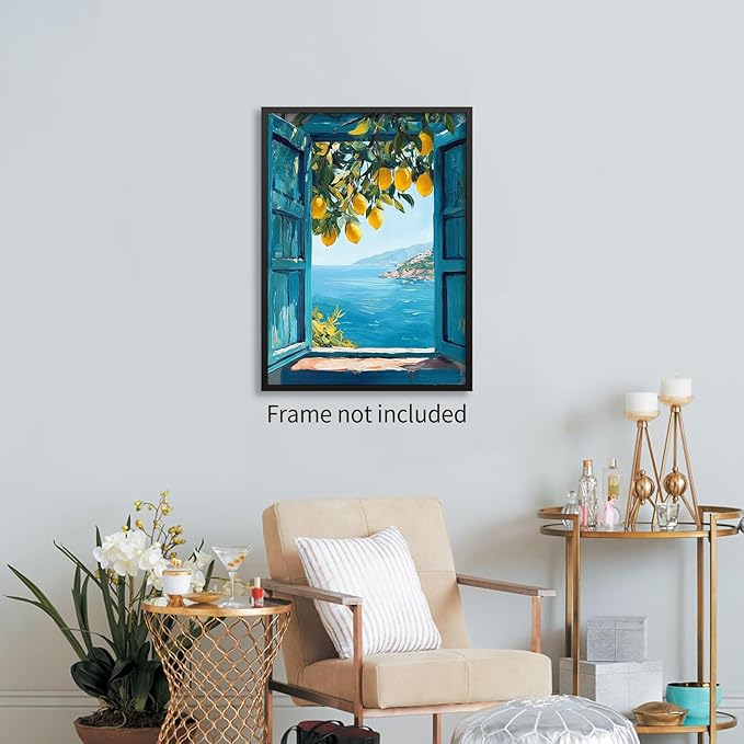 Mediterranean Window View Wall Art Coastal Lemon Tree Canvas Prints Blue - Image 5