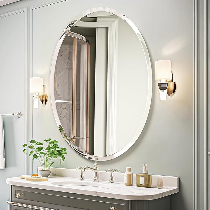 USHOWER Bathroom Mirror for Over Sink, 24x36 Inch Oval Frameless Mirror by USHOWER