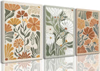 KISSFOX 3 Piece Framed Wall Art Floral Wall Decor Flower Canvas Art Green Beige by KISSFOX