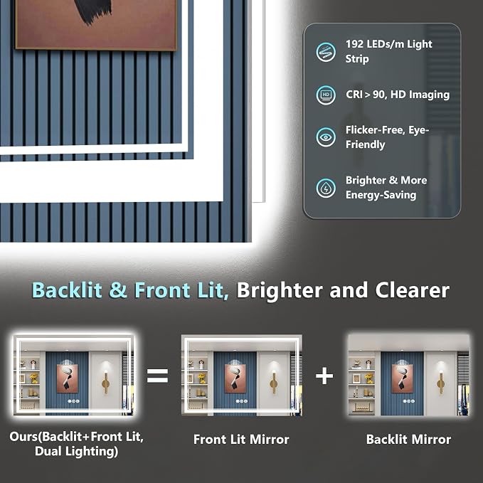60x30 LED Bathroom Mirror with Lights, Backlit and Front Lit Anti-Fog Lighted - Image 3