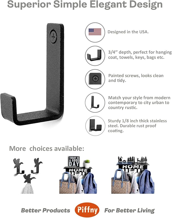 Piffny Robe & Towel Hook, 6 Pack Heavy Duty Stainless Steel Outdoor Wall Hooks - Image 2