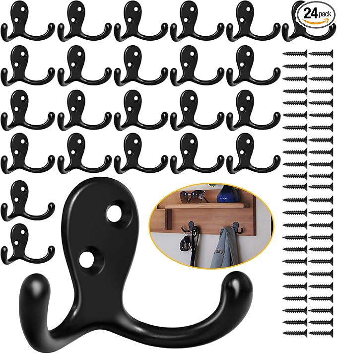Homanu 24 Pack Coat Hooks, Heavy Duty Double Prong Coat Hooks Wall Mounted by Homanu