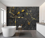 -Black and Gold Marbled Fabric Wallpaper Dark Abstraction Art Living Room - Image 3