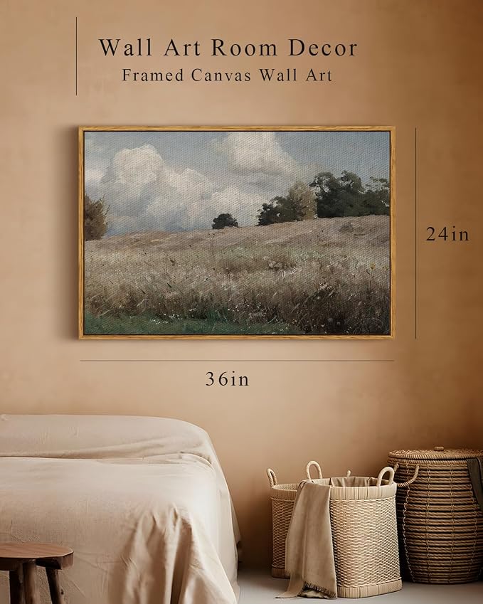 InSimSea Framed Canvas Wall Art Vintage Decor, Farmhouse Scenery Vast Field - Image 5