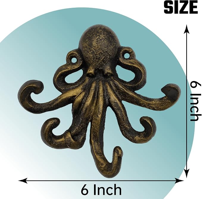 Octopus Cast Iron Wall Hook – Nautical Decorative Key Holder, Coastal Ocean - Image 2