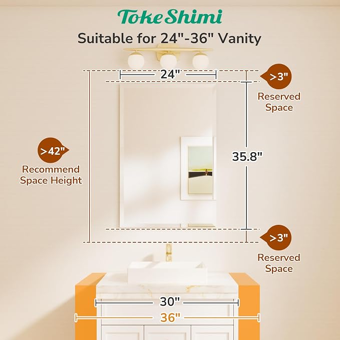 TokeShimi 24x36 Beveled Wall Mirror Decorative, Bathroom Vanity Mirrored - Image 8